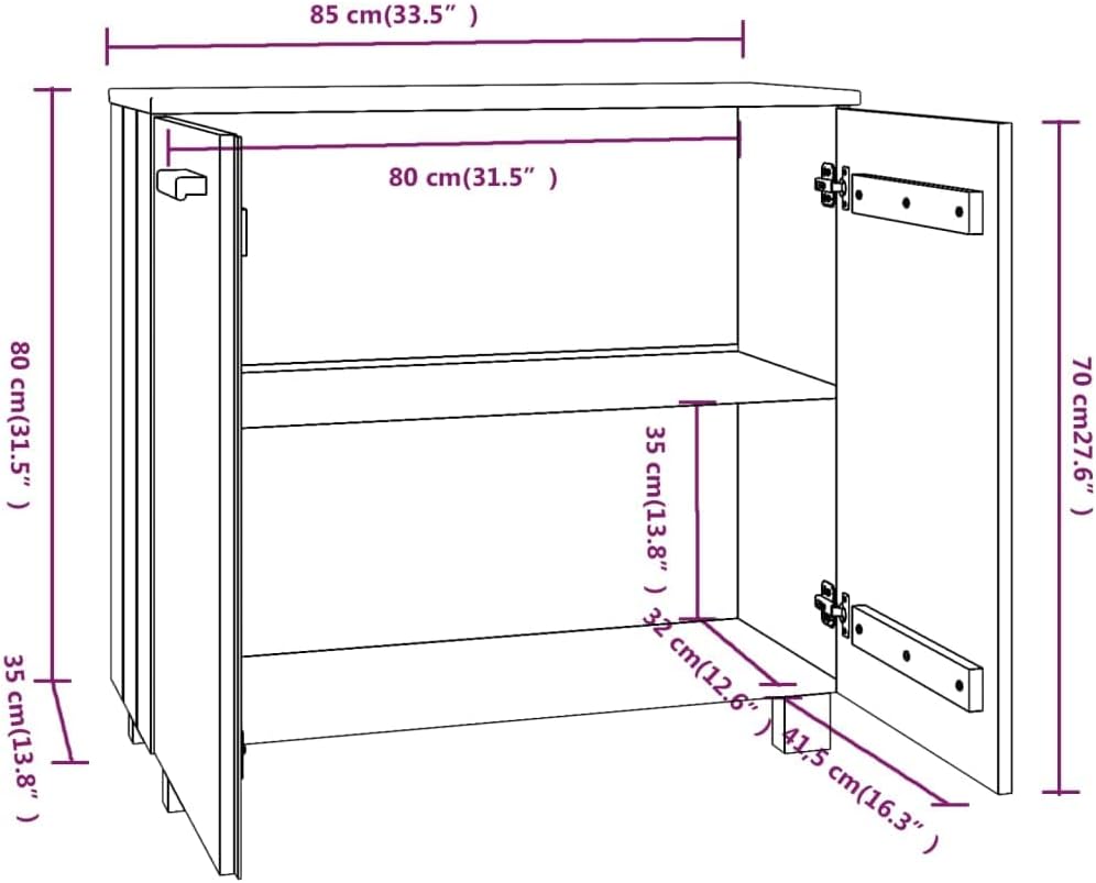 White Wooden Sideboard with 2 Doors, 33.5"x13.8"x31.5" Solid P...