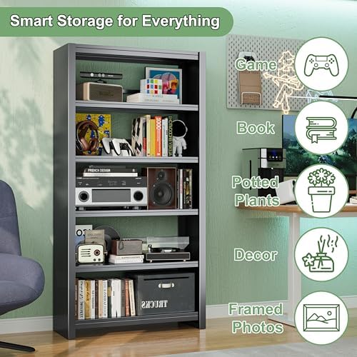 5 Tier AV Media Stand, 69.3" Tall Media Shelf with Display Storage Shelves