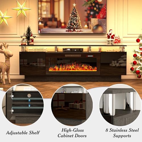 70" Fireplace TV Stand, Entertainment Center with 8 Stainless Steel, Bla...