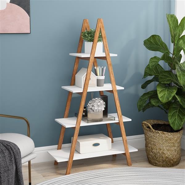 4-Tier A-Frame Ladder Bookshelf, Bamboo Frame & MDF Shelves | Open-Shelf Design, UV-Painted Finish, 22 lbs per Shelf, Easy Assembly, Home or Office Use