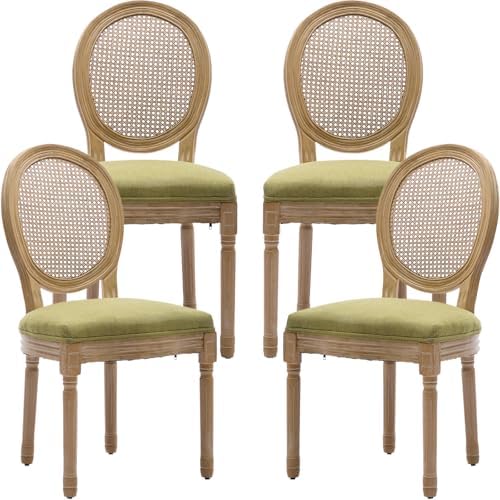 French Country Dining Chairs Set of 4, Olive Cane Back Rattan Dining Chairs w...