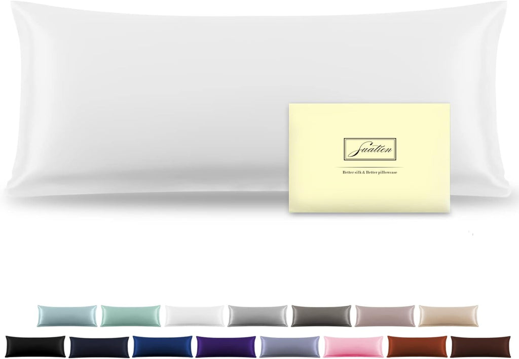 Silk Body Pillowcase Mulberry Silk Pillow Cases with Zipper Soft Breathable Smooth Cooling 20x54 inches Pillowcase for Sleep (White,20"X 54",1Pcs)