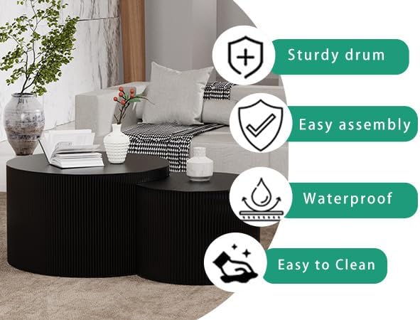 Round Nesting Coffee Table Set 2 Piece (A Black 27.56 in) | Drum Modern Stack...