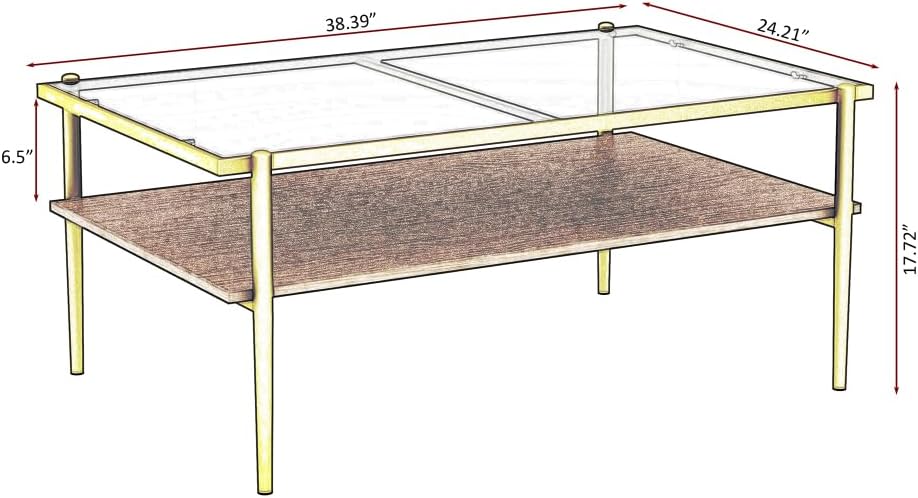 Rectangle Coffee Table with Gray Tempered Glass Top and Golden Legs, Modern T...