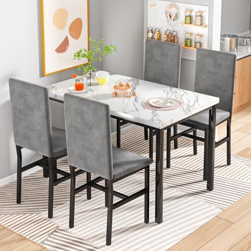 Hooseng 5-Piece Dining Table Set for 4 with Faux Marble Top & Velvet Chai...