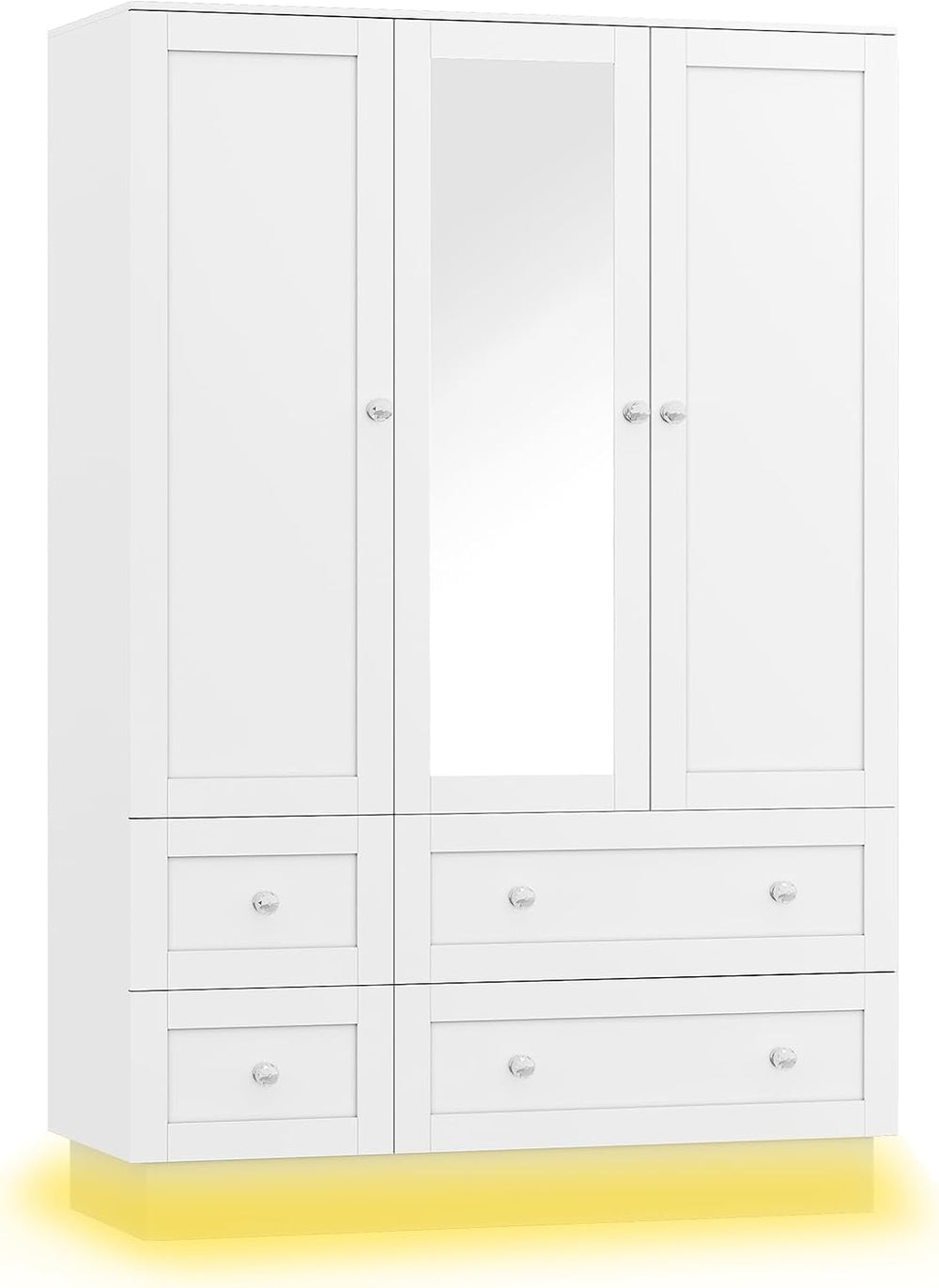 VOWNER Wardrobe Closet with 3 Doors Bedroom Armoire with Mirror & 4 Drawers