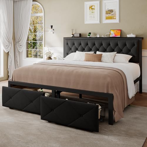 Einhomn King Size Bed Frame with 2 Storage Drawers, Metal Platform Bed with C...