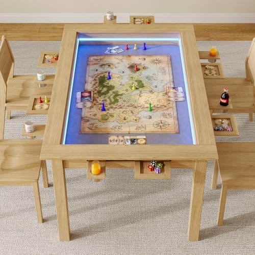 Board Game Table with Led Lights,63" Dining/Gaming Table, Oak