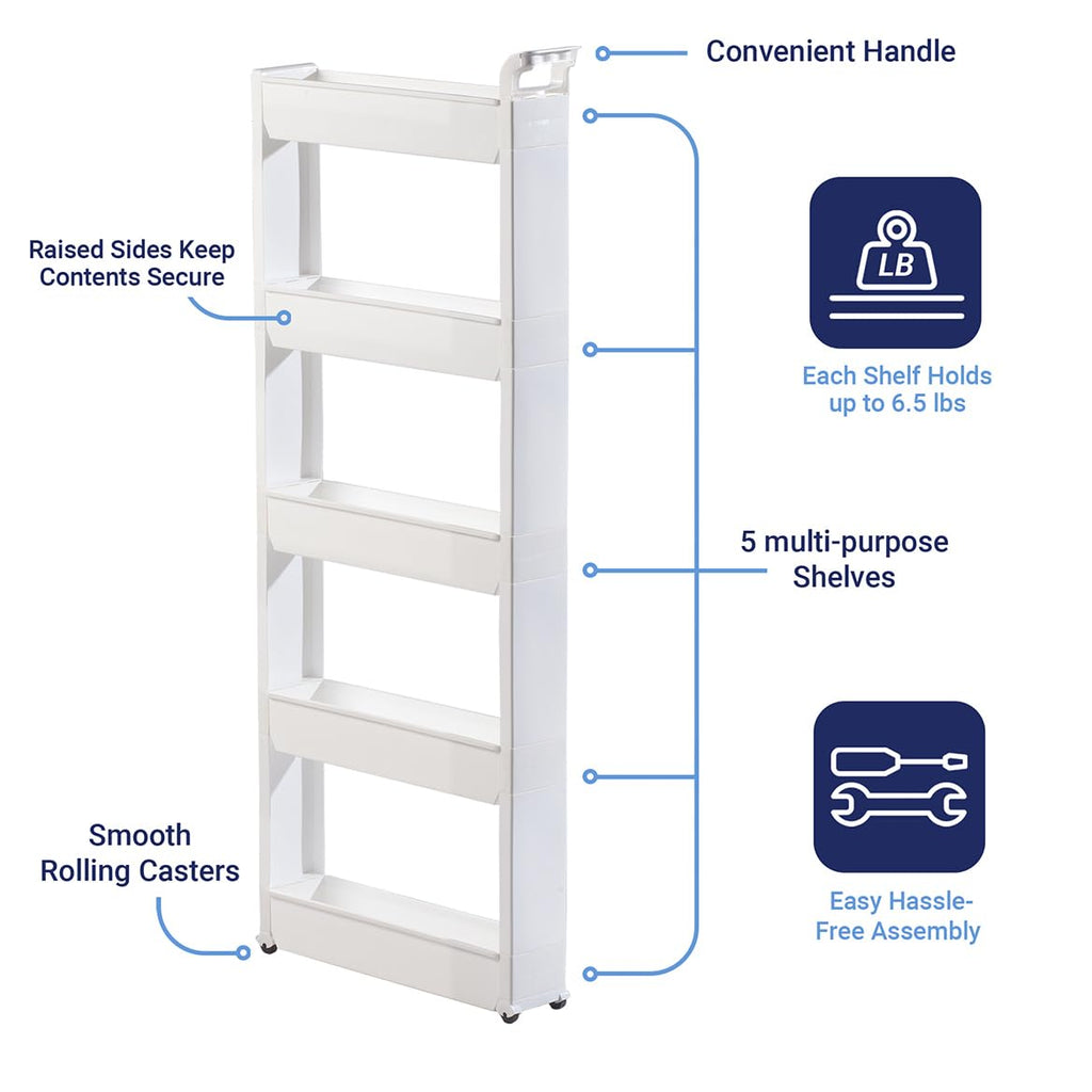 Miles Kimball 5 Tier Slim Cart, White, Durable Plastic, Easy Assembly, Holds Up to 6.5 lbs