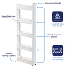 Miles Kimball 5 Tier Slim Cart, White, Durable Plastic, Easy Assembly, Holds Up to 6.5 lbs