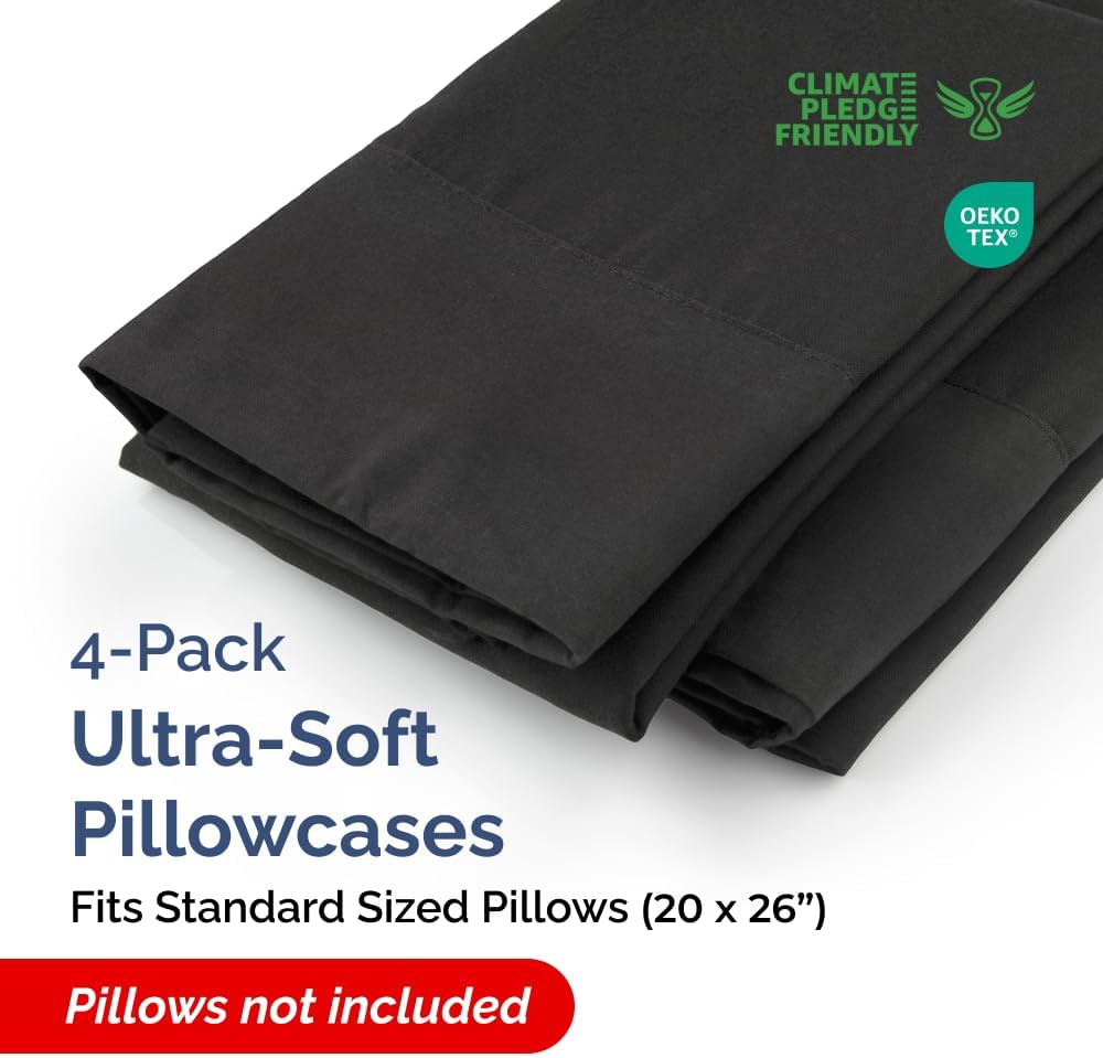Standard Pillow Cases - 4 Pack - Super Soft Pillowcase Covers - Envelope Enclosure - Hotel Quality Pillow Protectors - Wrinkle Free, Shrink and Stain Resistant - Machine Washable - 20" x 26" (Black)