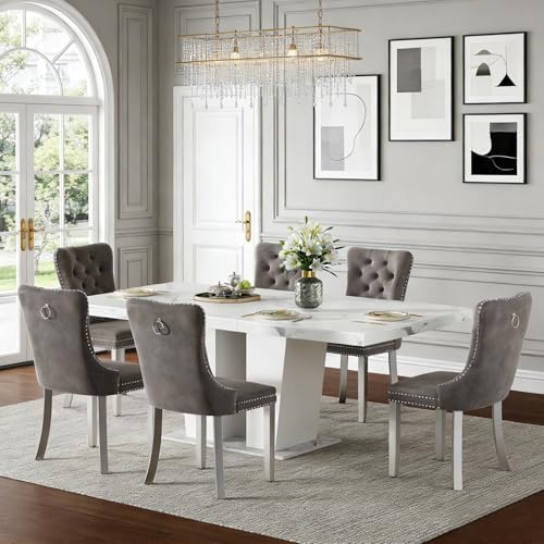 Henf 7 Pieces Faux Marble Dining Table Set for 6, 63"-79" Extendabl...