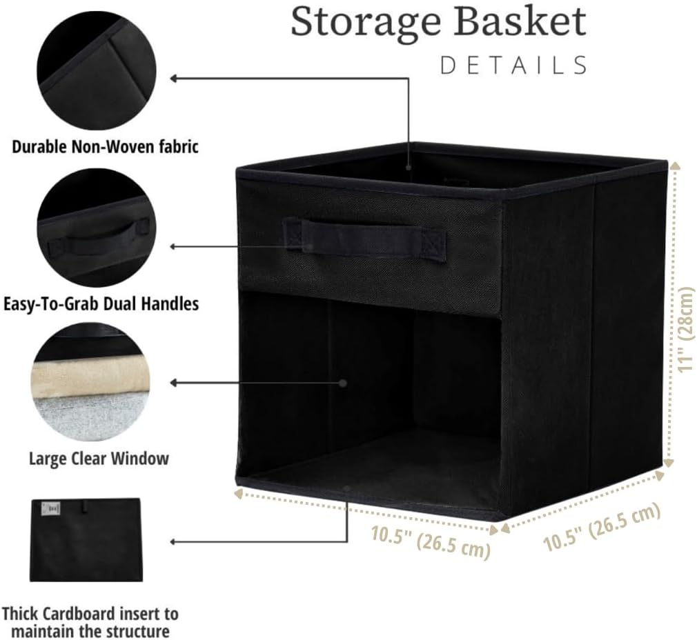 DECOMOMO Storage Bins, Cube Storage Bin with Window | 11" Cube, 6 Pack, Fabric Storage Cubes for Shelves (Black)