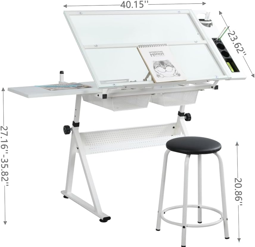 Dancongtea White Adjustable Glass Drafting Table with Chair for Artists | Sli...