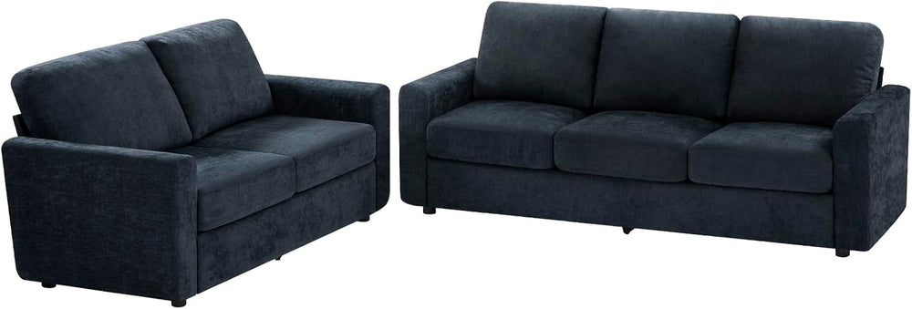 2 Pieces Chenille Sofa Sets w/Comfortable Back Cushions, Blue