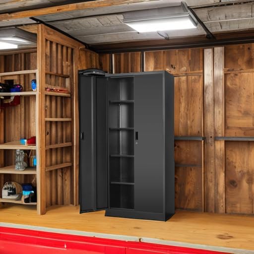Wanfu Metal Storage Cabinet, 71”H Metal Garage Cabinet with 5 Adjustable Shel...