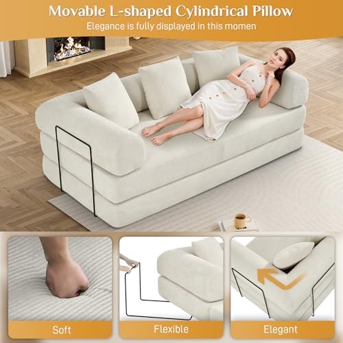 DAMAIFROM Convertible Sleeper Sofa Bed Floor Couch, Beige White | 80" Co...