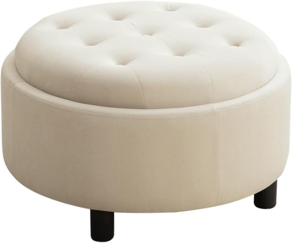 Round Storage Ottoman 29.33" with Reversible Lid - Fleece Fabric Upholst...