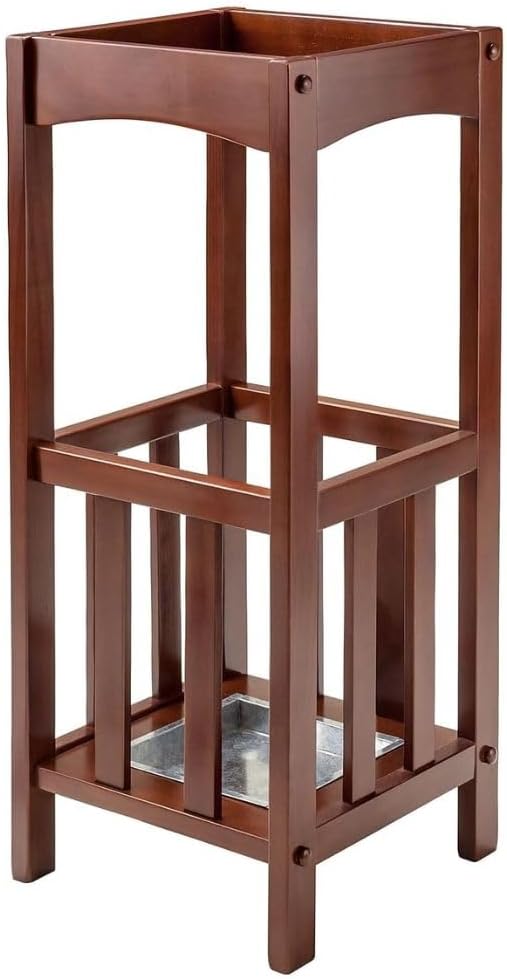 Rex Umbrella Stand with Metal Tray Walnut Functional Umbrella Stand for Entryways Hallways or Offices Solid Wood Construction Convenient Storage for Umbrellas Walking Sticks or Cane Sleek