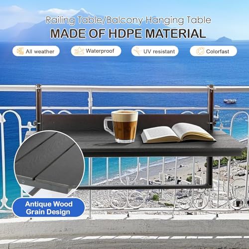 HDPE 39.3" Outdoor Folding Balcony Bar Table for Railings, Black