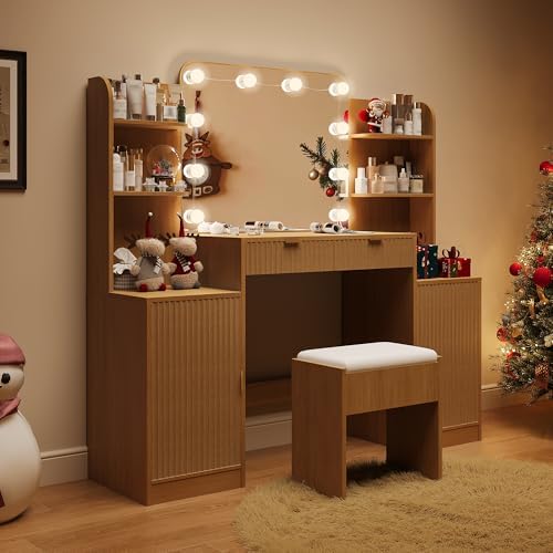 wanan Fluted Vanity, Large Vanity Set with Chair, Outlet, Mirror & Lights...