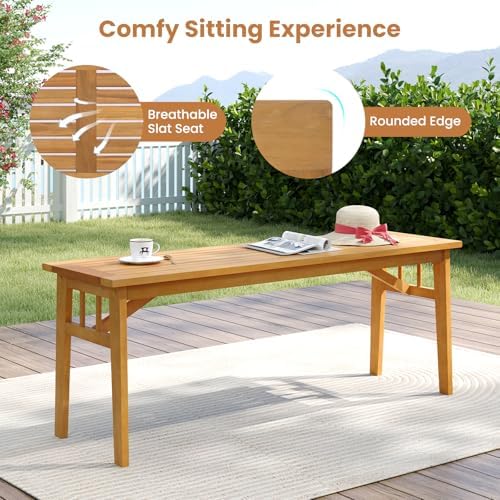 Tangkula 3 Pieces Patio Dining Set, Acacia Wood Space Saving Outdoor Rectangu...