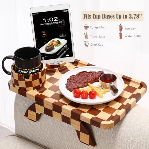 Nnewvante Checkerboard Couch Armrest Table, 3 in 1 Clip-on Table Rubberwood