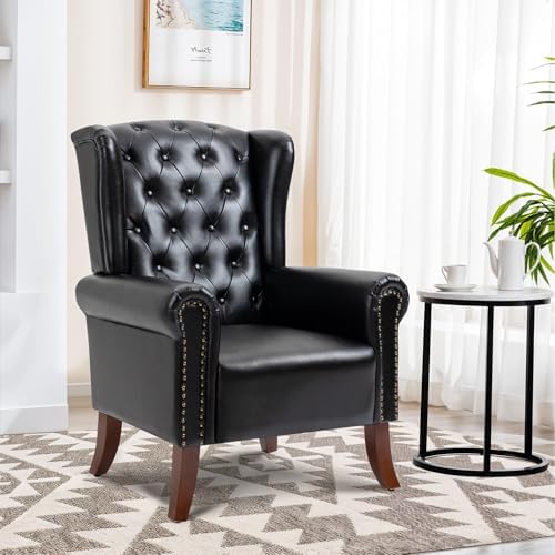 Faux Leather Accent Chair, Mid-Century High Back Armchair Upholstered Club So...