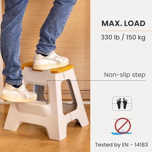 Vigar Compact Folding Step Stool, 16 in 2 Step, Gray Bamboo Print