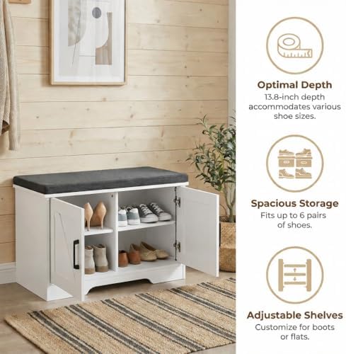 HOMSHO Farmhouse Shoe Storage Bench with 2 Barn Doors & Padded Seat Cushi...