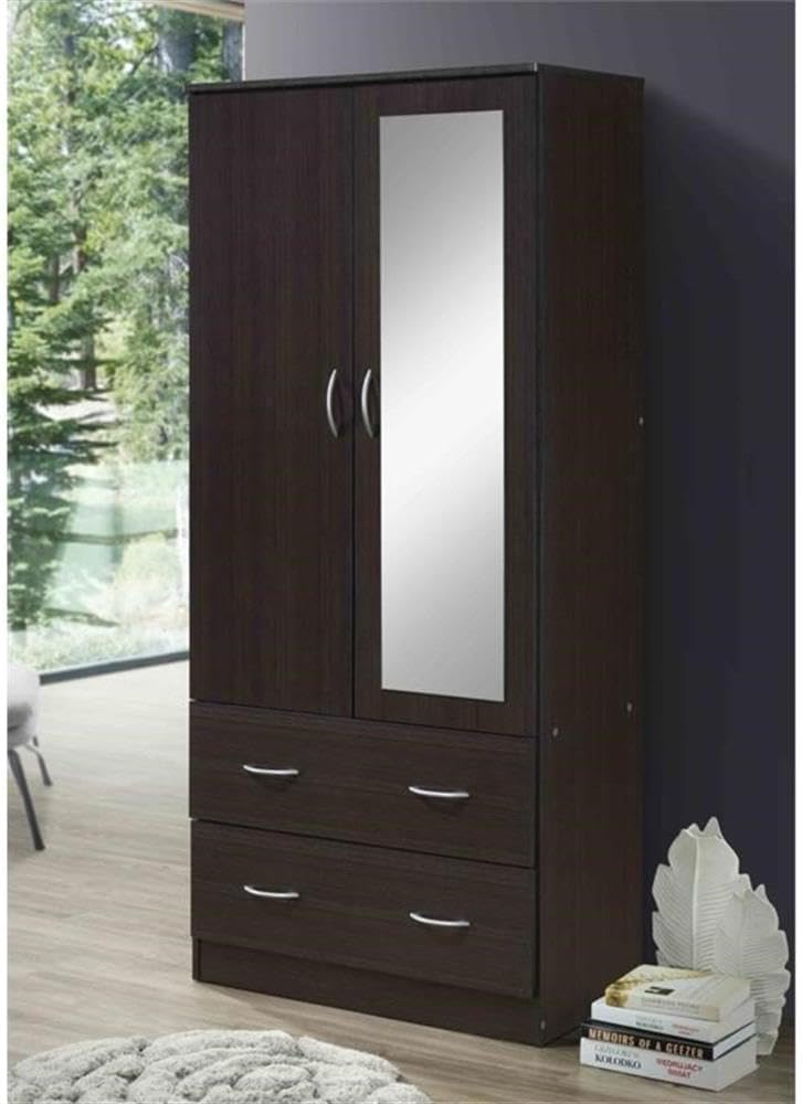 Pemberly Row 2 Door Armoire, 71.7 in H x 31.5 in W, Compressed Wood, Chocolate Finish, Garment Rod, Long Mirror, 2 Drawers with Metal Glides, Bedroom Wardrobe Closet Storage Organizer