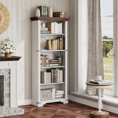 5-Tier Farmhouse Bookshelf, 61.1 inch Tall Bookcase with Storage & Unique...