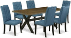 East West Furniture X677EL121-7 7 Piece Dining Table Set Consist of a Rectangle Dining Room Table with X-Legs and 6 Blue Linen Fabric Upholstered Parson Chairs, 40x72 Inch, Multi-Color