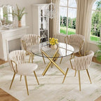 39'' Round Glass Dining Table Set for 4, 5-Piece Modern Dining Room Table Set, Circle Kitchen Table Set with 4 Beige Velvet Dining Chairs for Dining Room Cafe & Breakfast Nook, Gold Base