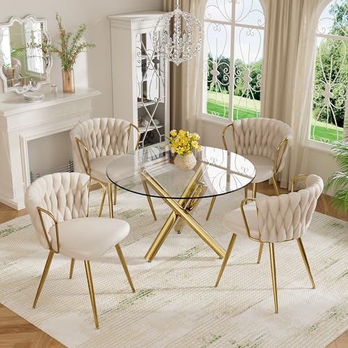 39'' Round Glass Dining Table Set for 4, 5-Piece Modern Dining Room Table Set, Circle Kitchen Table Set with 4 Beige Velvet Dining Chairs for Dining Room Cafe & Breakfast Nook, Gold Base