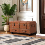 Vintage Treasure Chest Bench with Latch Closure and Buckle Trunk , Farmhouse Faux Leather Storage Ottoman Bench for Living Room, Entryway, Bedroom, Sponge Padded Orange