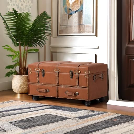 Vintage Treasure Chest Bench with Latch Closure and Buckle Trunk , Farmhouse Faux Leather Storage Ottoman Bench for Living Room, Entryway, Bedroom, Sponge Padded Orange