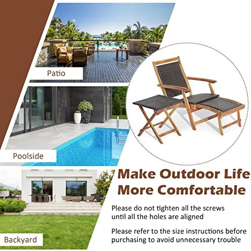 Tangkula Patio Lounge Chair and Side Table Set, Acacia Wood Wicker Folding Ta...