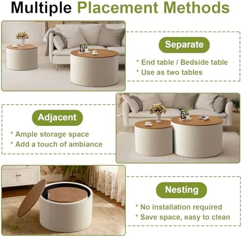 26" Round Nesting Coffee Table Set of 2 with Storage, H | Flip-Top Lid, ...