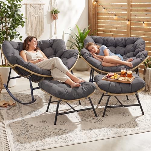 NICESOUL Outdoor Rocking Papasan Chair Set of 2 with Cushions, Comfy Oversize...