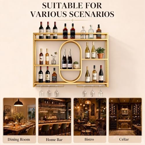 47" Upgrade Metal Wall Mounted Wine Rack, 3 Tier Bar Shelves with Glass ...