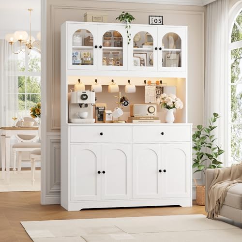 HIFIT 71" LED Kitchen Pantry Cabinet with Power Outlet, Tall Hutch, White