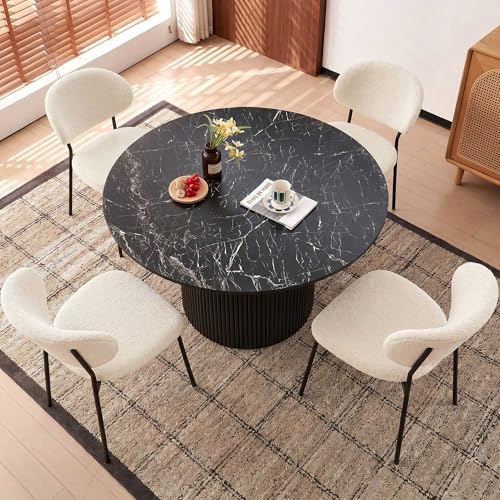 Homedot 5 Pieces Kitchen Dining Room Table Set for 4, Industrial White Dining Table Round with Boucle Dining Chairs Upholstered Set for 4, 47" Kitchen Table & Chairs Set for Restaurant Reception Room