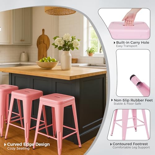 30 Inch Pink Metal Bar Stools, Set of 4, Backless