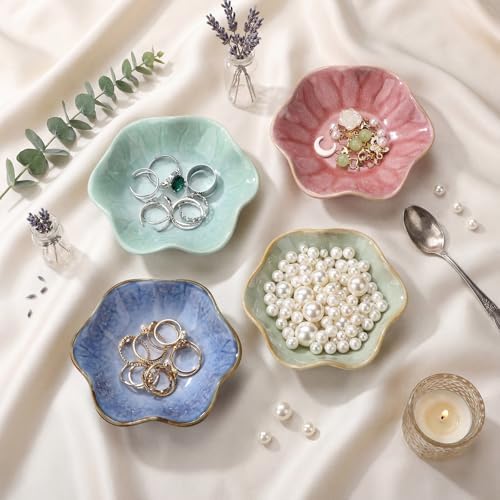 4 Pack Small Jewelry Dish Ceramic Trinket Holder Tray for Rings Earrings Key Bowl Women Mother's Day Wedding Gift (Pink,Blue,Cyan,Green)
