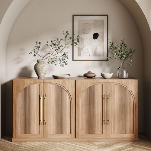 BELLEZE 65 Inch Sideboard Cabinet with Double-Arc Wood Doors, Large Buffet Ca...