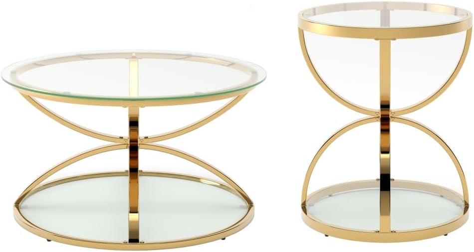 Round Coffee Table Set of 2, Gold Metal Frame with Clear Tempered Glass | Rin...