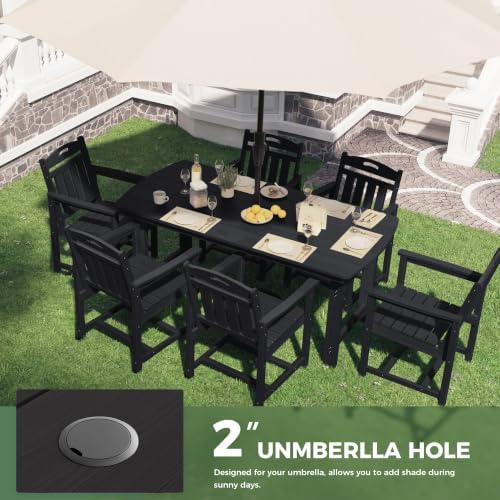 HDPE Outdoor Dining Set, Patio Table and 6 Chairs, 2" Umbrella Hole, Black