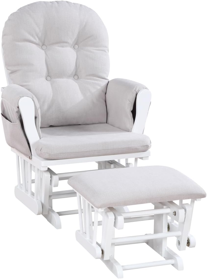 Glider and Ottoman White Wood and Woven Gray Fabric