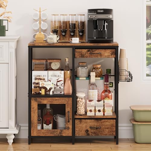 Coffee Bar Table Station, Small Coffee Cabinet with 2 Drawers & 1 Door, K...